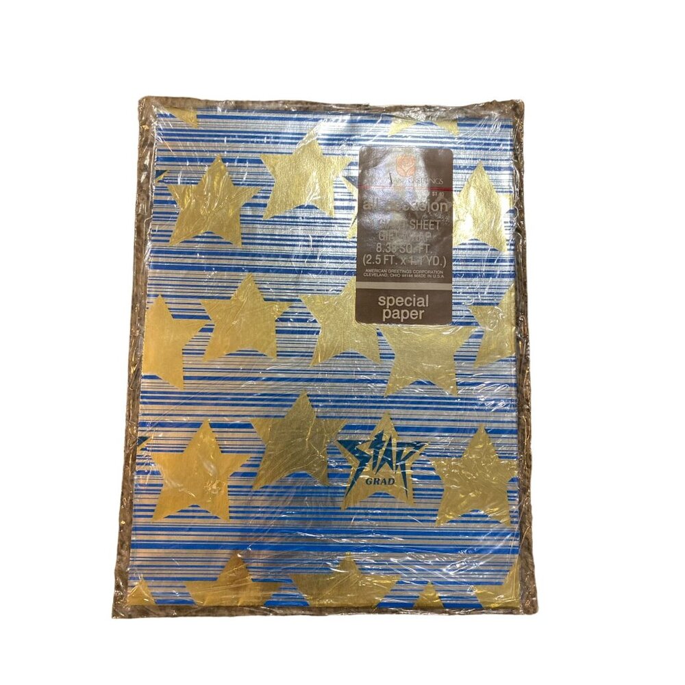 Vintage American Greetings Star Grad Gift Wrap NEW Blue Gold Star Metallic Gradu